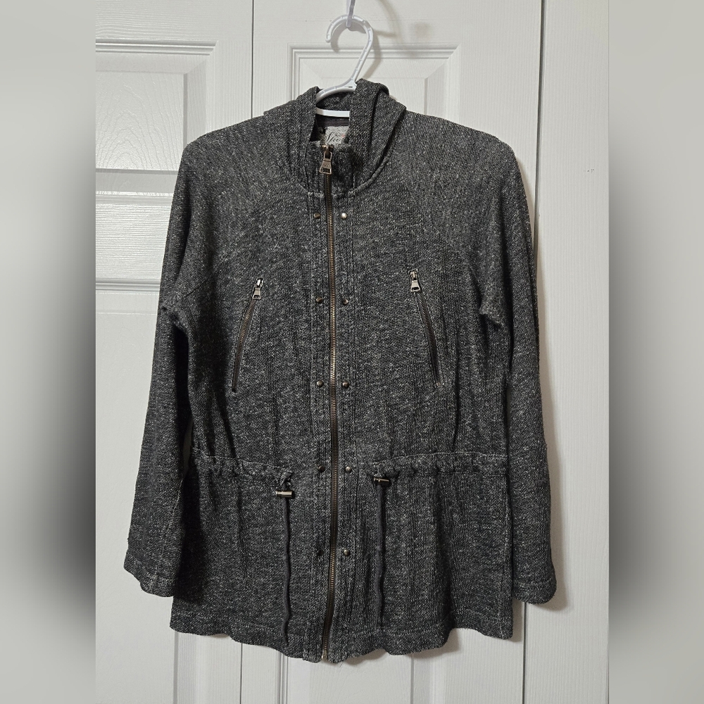 Charcoal Gray Hooded Zip Up Sweatshirt Jacket w/Drawstring Waist, Pockets, Med